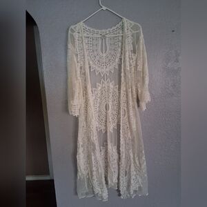 Rachel Zoe Elegant Boho White Lace Kimono Shawl Embroideted Long OSFM